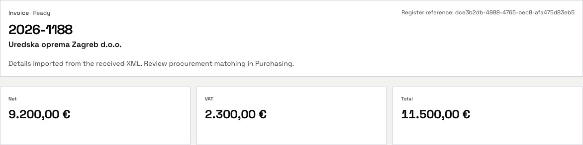 Actual Spona incoming invoice 2026-1188, with supplier, source note, net amount, VAT and total.